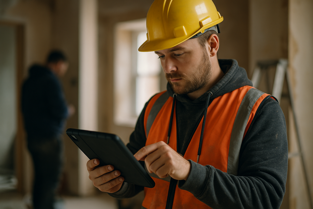 Ultra realistic image for How ConstruX Simplifies Project Management for UK Trades Businesses. Focus: intimate interior detail shot with shallow depth of field, ultra realistic