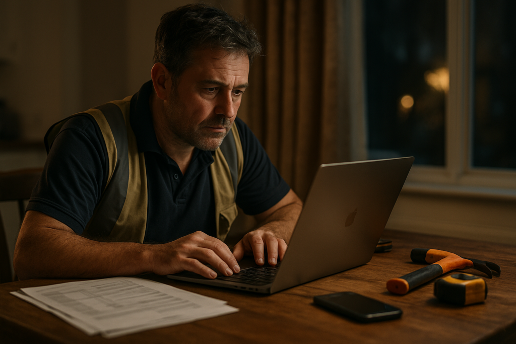 Ultra realistic image for How ConstruX Simplifies Project Management for UK Tradesmen. Focus: intimate interior detail shot with shallow depth of field, ultra realistic