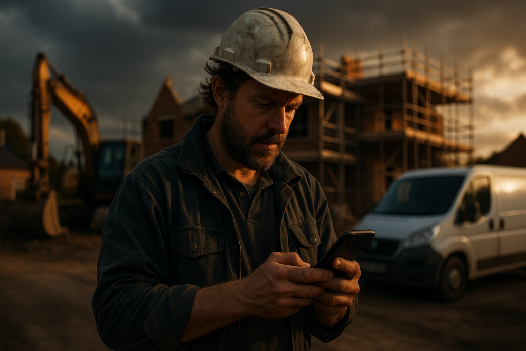 Ultra realistic image for How ConstruX Streamlines Project Management for UK Trades Businesses. Focus: wide cinematic exterior view with dramatic lighting, ultra realistic