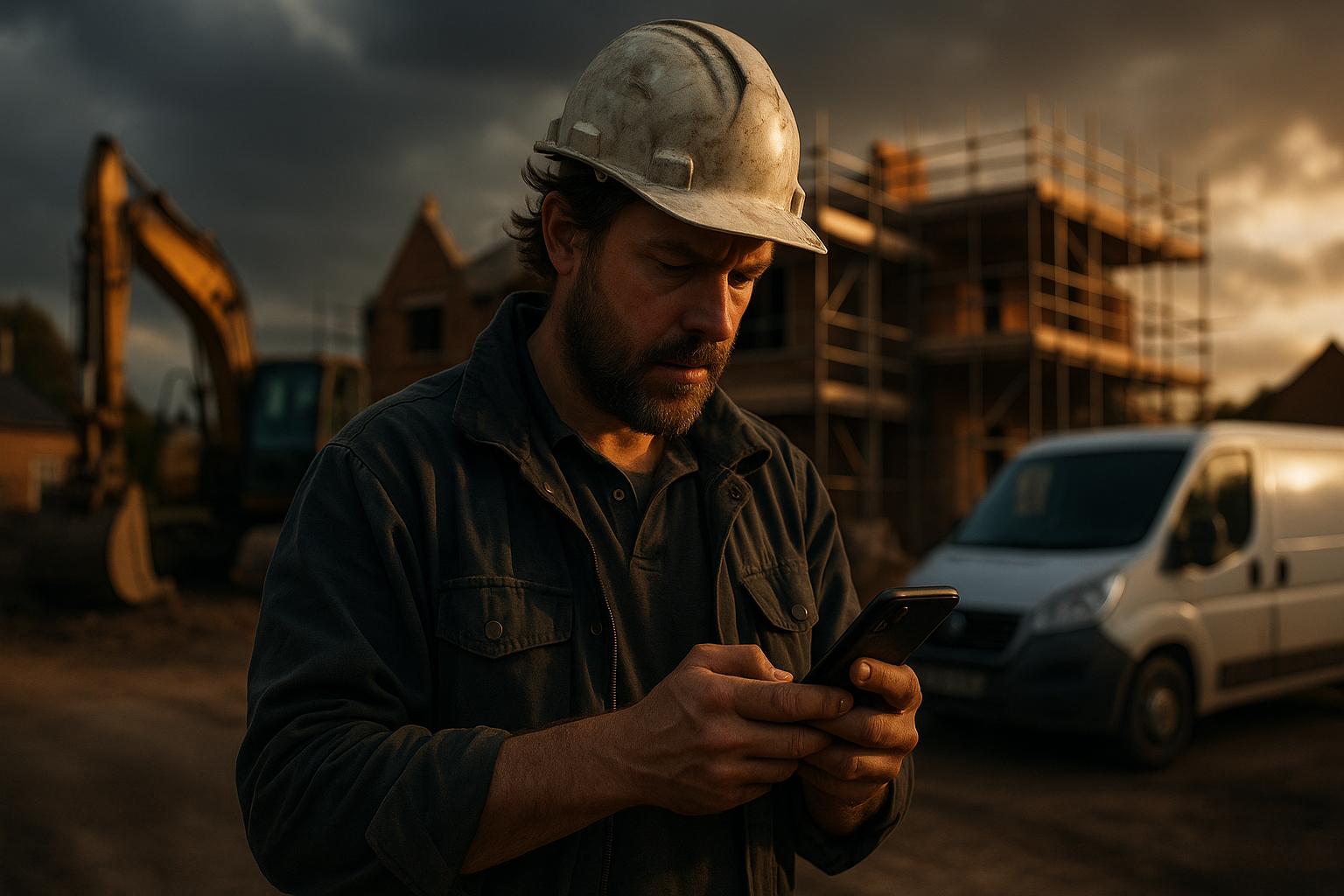 Ultra realistic image for How ConstruX Streamlines Project Management for UK Trades Businesses. Focus: wide cinematic exterior view with dramatic lighting, ultra realistic