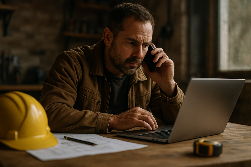 Ultra realistic image for How ConstruX Streamlines Project Management for UK Trades Businesses. Focus: intimate interior detail shot with shallow depth of field, ultra realistic