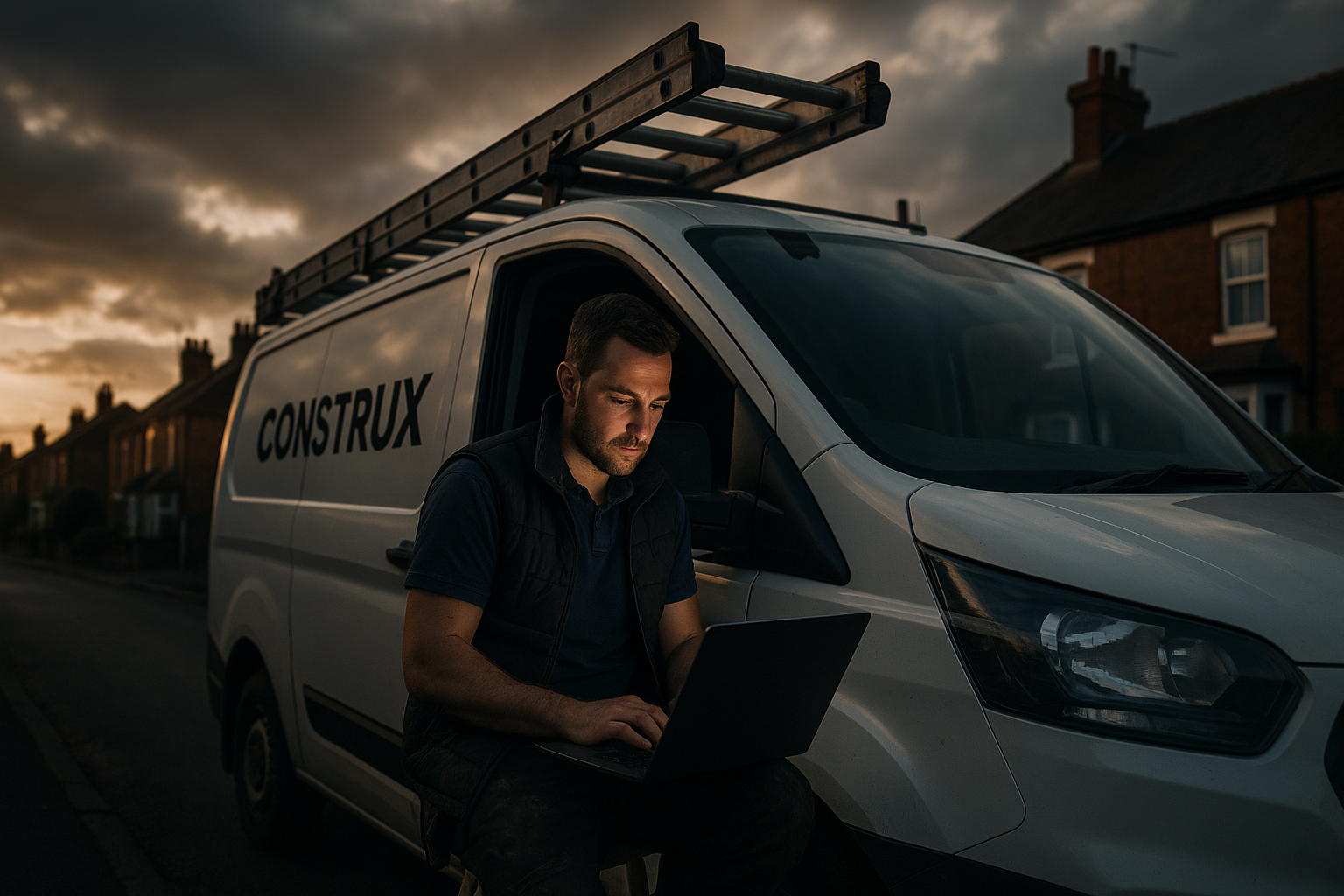 Ultra realistic image for How ConstruX Transforms Project Management for UK Trade Businesses. Focus: wide cinematic exterior view with dramatic lighting, ultra realistic