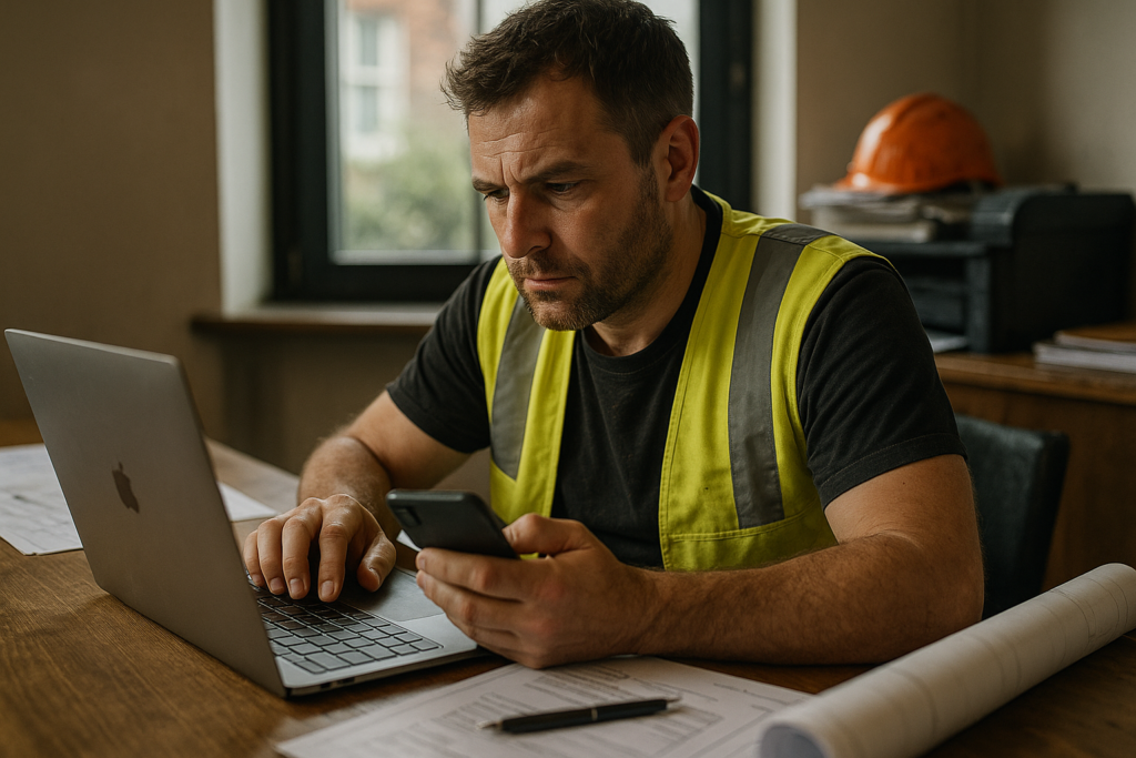 Ultra realistic image for How ConstruX Transforms Project Management for UK Trade Businesses. Focus: intimate interior detail shot with shallow depth of field, ultra realistic