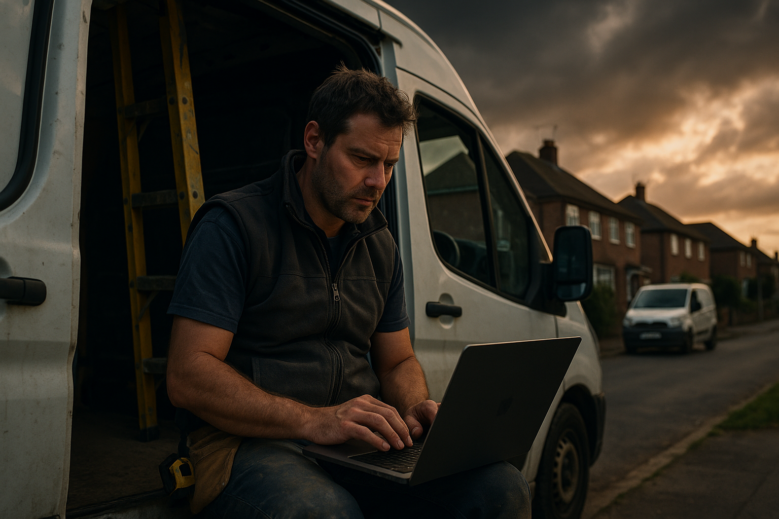 Ultra realistic image for How ConstruX Transforms Project Management for UK Tradesmen. Focus: wide cinematic exterior view with dramatic lighting, ultra realistic