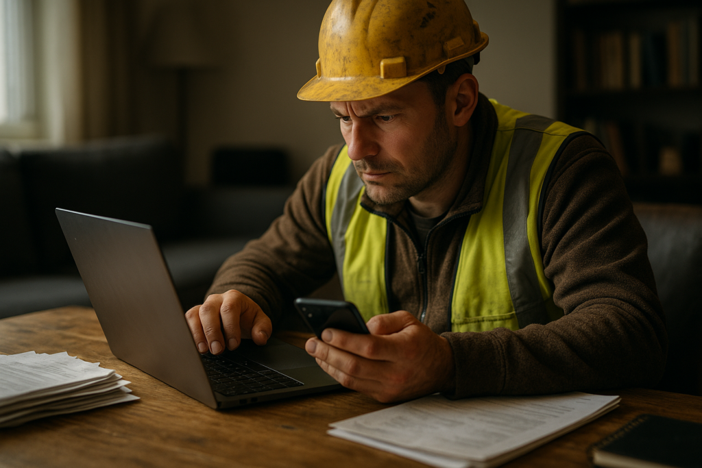 Ultra realistic image for How ConstruX Transforms Project Management for UK Tradesmen. Focus: intimate interior detail shot with shallow depth of field, ultra realistic