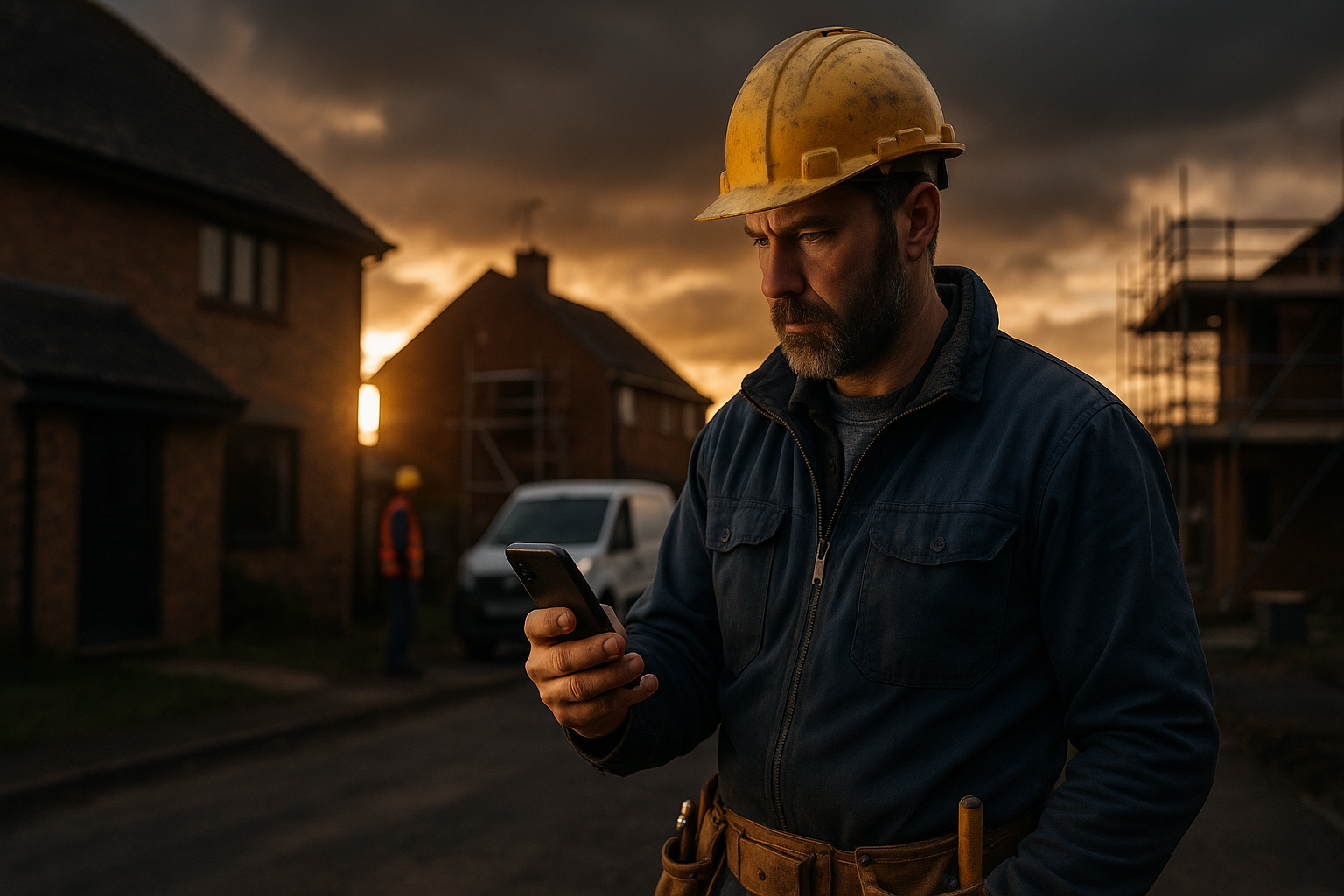 Ultra realistic image for How ConstruX Transforms Project Management for UK Tradesmen and Contractors. Focus: wide cinematic exterior view with dramatic lighting, ultra realistic