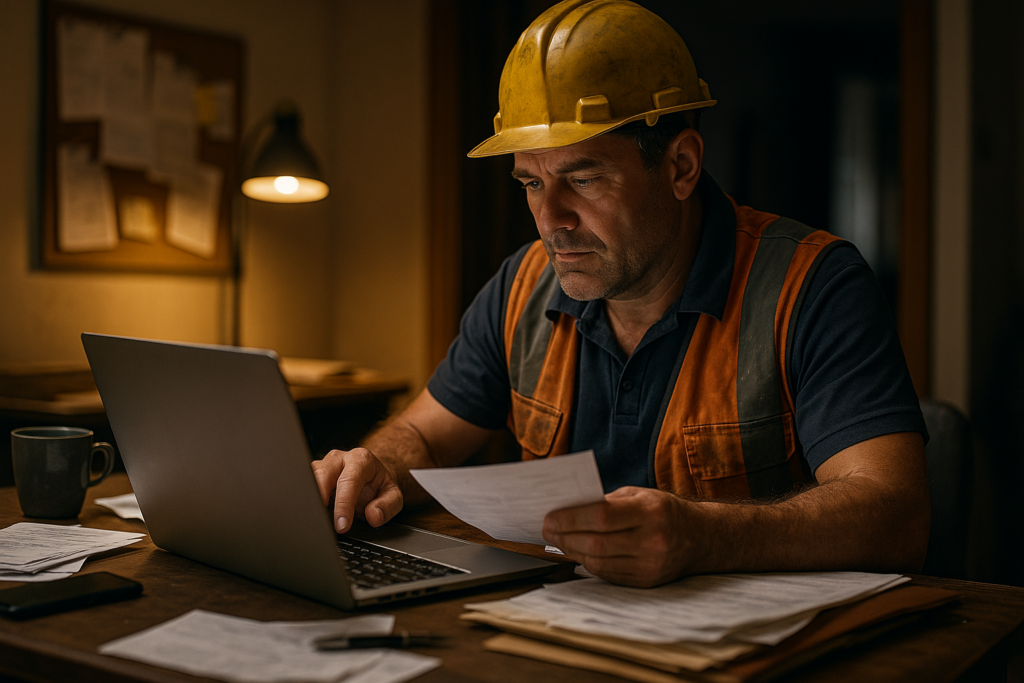 Ultra realistic image for How ConstruX Transforms Project Management for UK Tradesmen and Contractors. Focus: intimate interior detail shot with shallow depth of field, ultra realistic