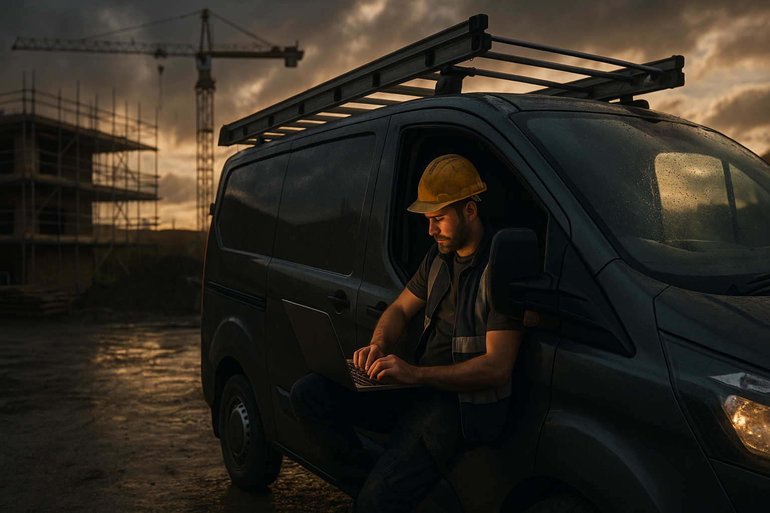 Ultra realistic image for How Trade Businesses in the UK Can Save Time and Get Paid Faster with ConstruX. Focus: wide cinematic exterior view with dramatic lighting, ultra realistic