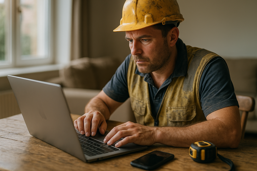 Ultra realistic image for How Trade Businesses in the UK Can Save Time and Get Paid Faster with ConstruX. Focus: intimate interior detail shot with shallow depth of field, ultra realistic