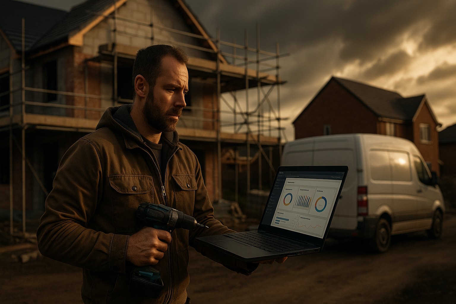 Ultra realistic image for How Tradesmen in the UK Can Save Time and Get Paid Faster with ConstruX Project Management Software. Focus: wide cinematic exterior view with dramatic lighting, ultra realistic