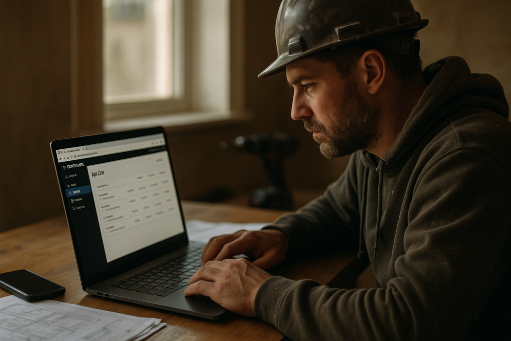 Ultra realistic image for How Tradesmen in the UK Can Save Time and Get Paid Faster with ConstruX Project Management Software. Focus: intimate interior detail shot with shallow depth of field, ultra realistic