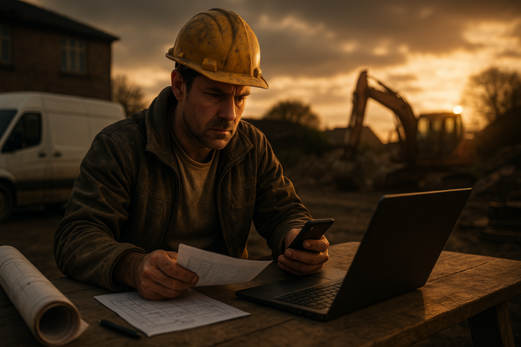 Ultra realistic image for How UK Tradesmen Can Cut Admin Time and Boost Cash Flow with ConstruX Project Management. Focus: wide cinematic exterior view with dramatic lighting, ultra realistic