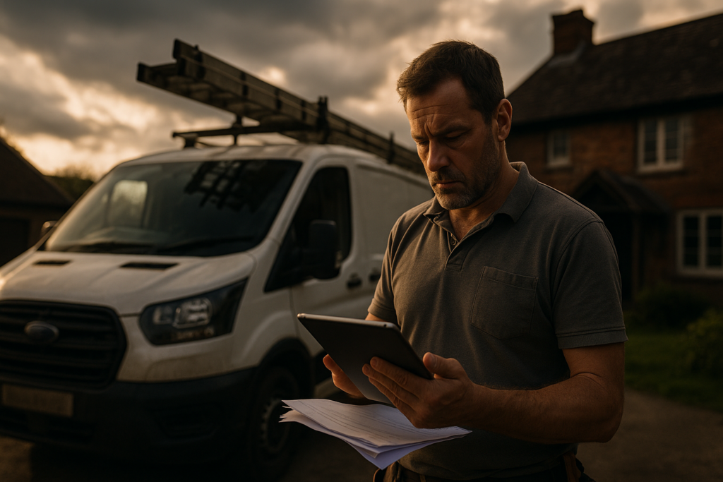 Ultra realistic image for How UK Tradesmen Can Take Control of Job Management with ConstruX. Focus: wide cinematic exterior view with dramatic lighting, ultra realistic