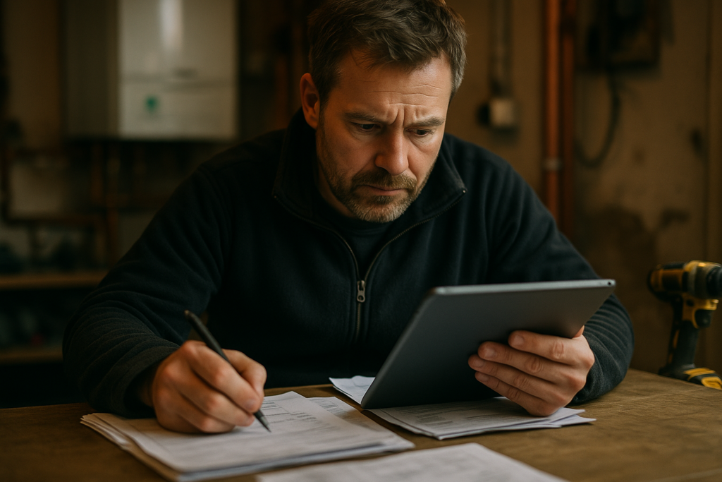 Ultra realistic image for How UK Tradesmen Can Take Control of Job Management with ConstruX. Focus: intimate interior detail shot with shallow depth of field, ultra realistic