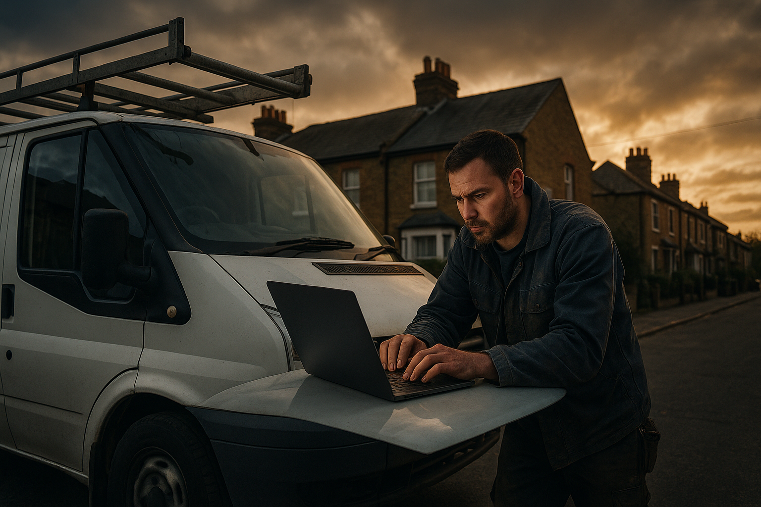 Ultra realistic image for How WordPress-Based Project Management Can Transform UK Trade Businesses. Focus: wide cinematic exterior view with dramatic lighting, ultra realistic