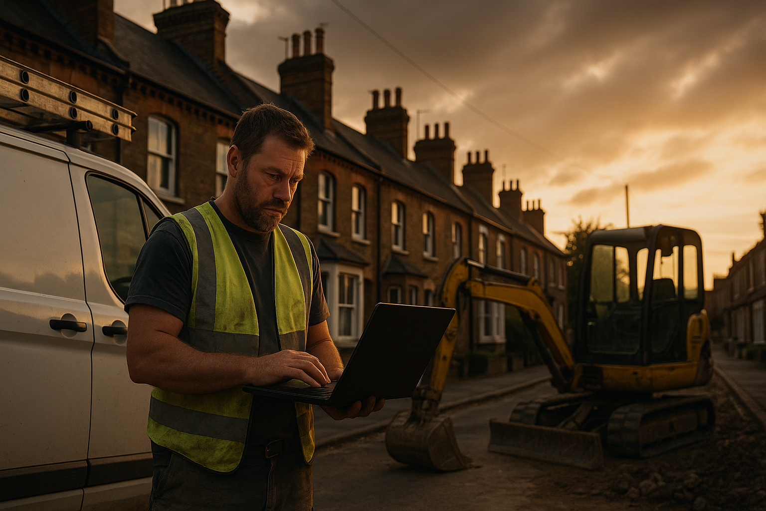 Ultra realistic image for How WordPress-Based Project Management Can Transform Your UK Trade Business. Focus: wide cinematic exterior view with dramatic lighting, ultra realistic