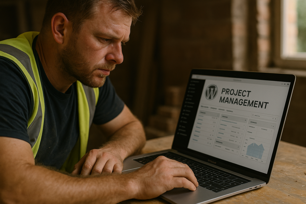 Ultra realistic image for How WordPress-Based Project Management Can Transform Your UK Trade Business. Focus: intimate interior detail shot with shallow depth of field, ultra realistic