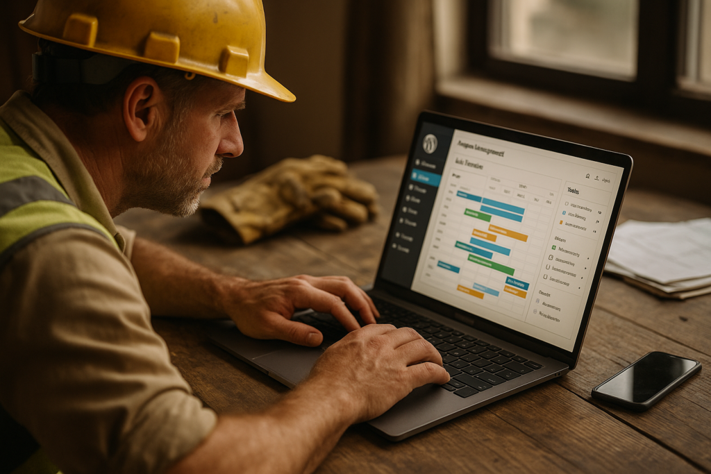 Ultra realistic image for How WordPress-Based Project Management Software Can Transform Your Trade Business. Focus: intimate interior detail shot with shallow depth of field, ultra realistic