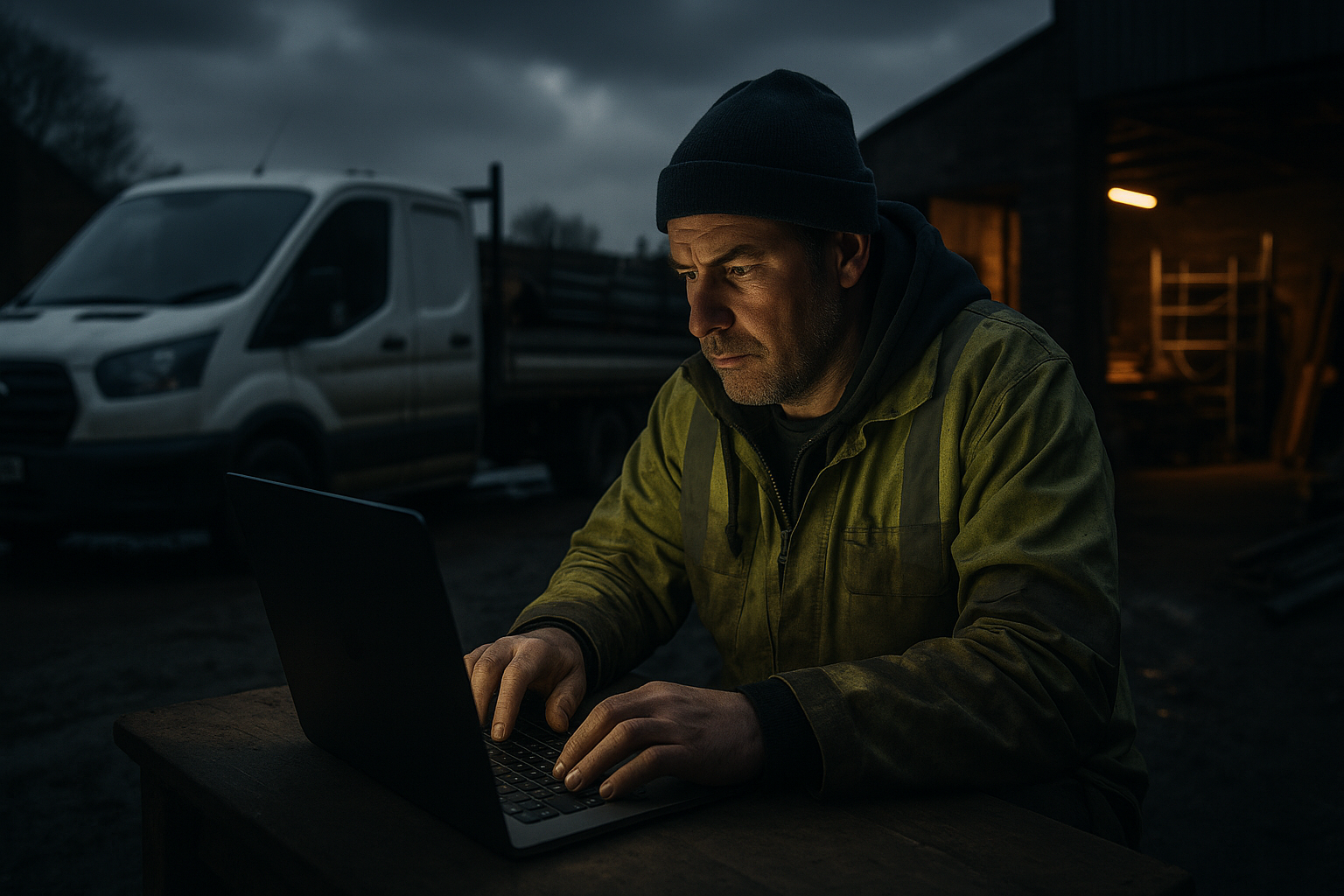 Ultra realistic image for Why Tradesmen in the UK Need Project Management Software Tailored Just for Them. Focus: wide cinematic exterior view with dramatic lighting, ultra realistic