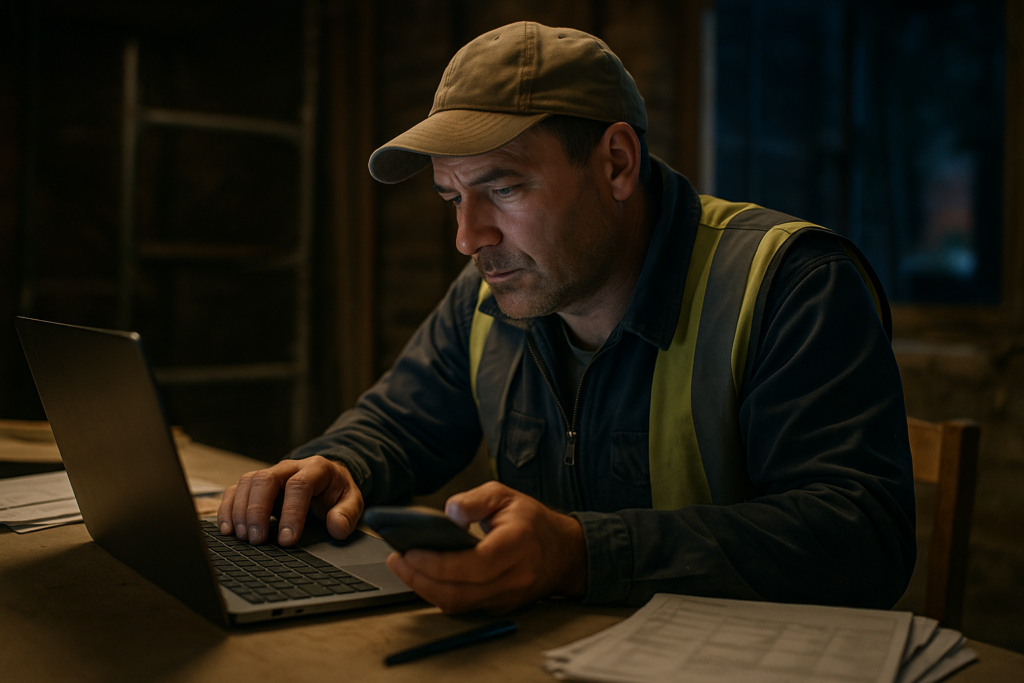 Ultra realistic image for Why Tradesmen in the UK Need Project Management Software Tailored Just for Them. Focus: intimate interior detail shot with shallow depth of field, ultra realistic