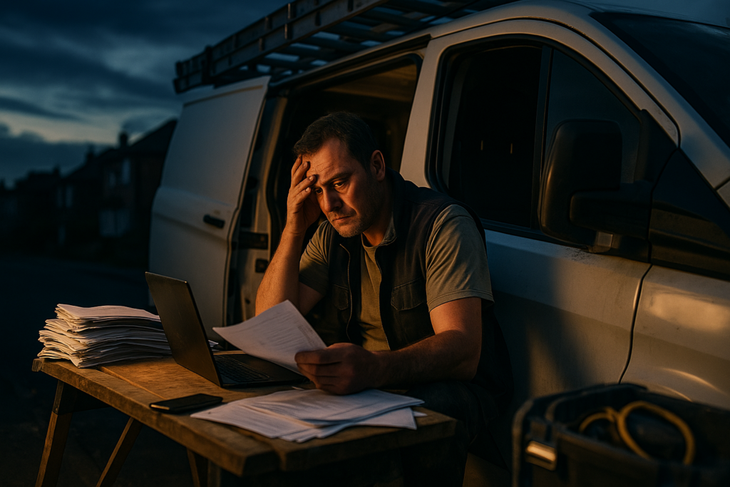 Ultra realistic image for Why UK Trades Businesses Struggle with Job Management and How ConstruX Can Help. Focus: wide cinematic exterior view with dramatic lighting, ultra realistic