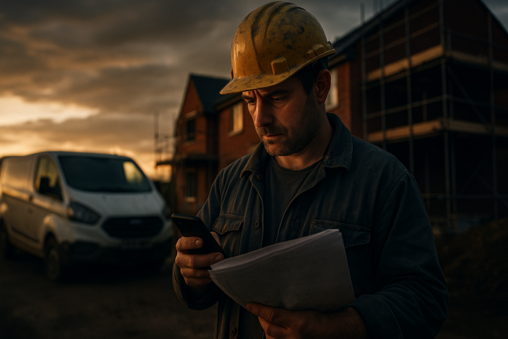 Ultra realistic image for Why UK Tradesmen Need Tailored Project Management Software. Focus: wide cinematic exterior view with dramatic lighting, ultra realistic