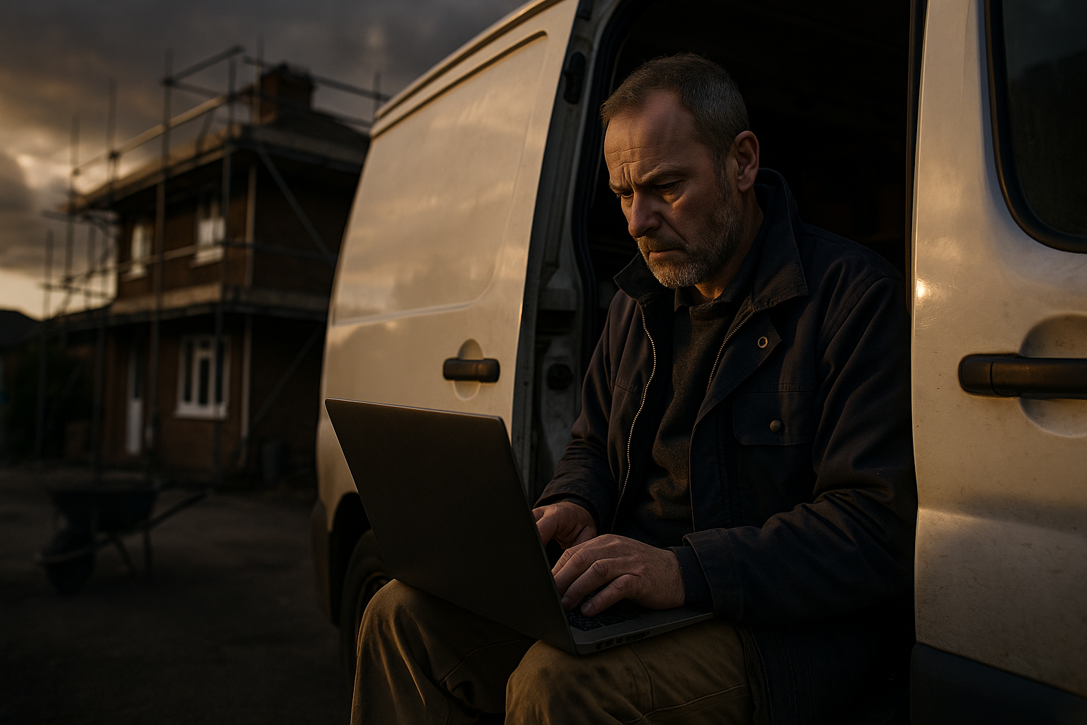 Ultra realistic image for Why UK Tradesmen Need Trade-Specific Project Management Software. Focus: wide cinematic exterior view with dramatic lighting, ultra realistic