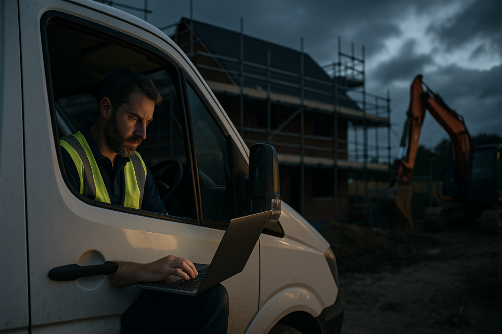 Ultra realistic image for How ConstruX Simplifies Project Management for UK Trade Businesses. Focus: wide cinematic exterior view with dramatic lighting, ultra realistic
