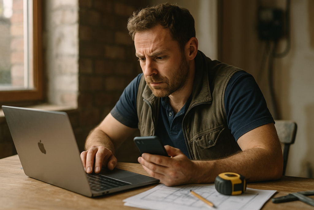 Ultra realistic image for How ConstruX Simplifies Project Management for UK Trade Businesses. Focus: intimate interior detail shot with shallow depth of field, ultra realistic