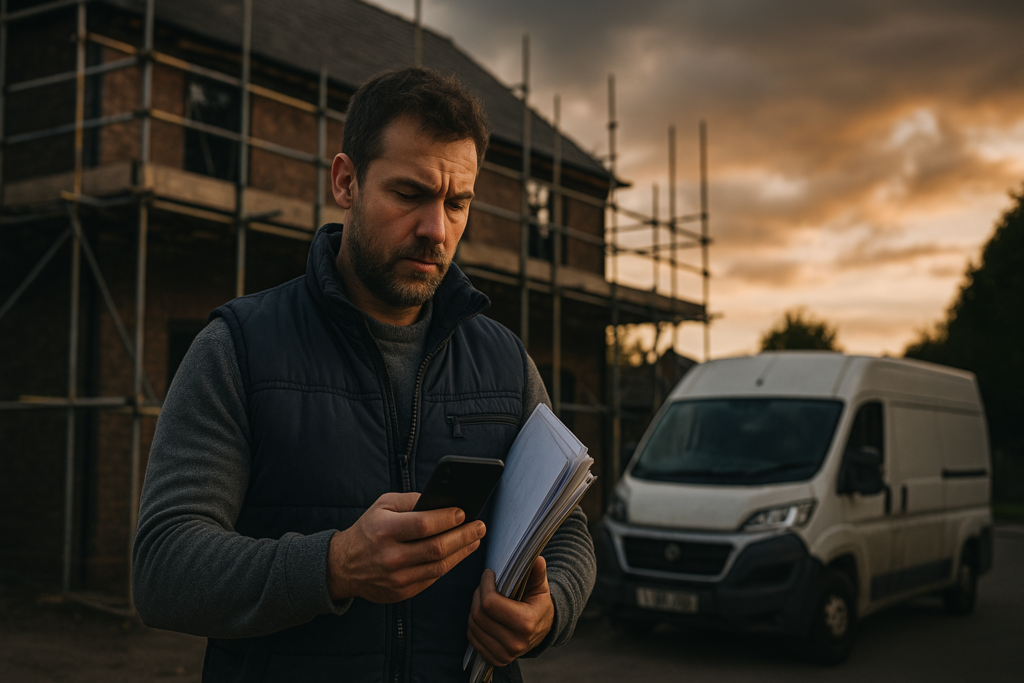Ultra realistic image for How ConstruX Simplifies Project Management for UK Tradesmen. Focus: wide cinematic exterior view with dramatic lighting, ultra realistic