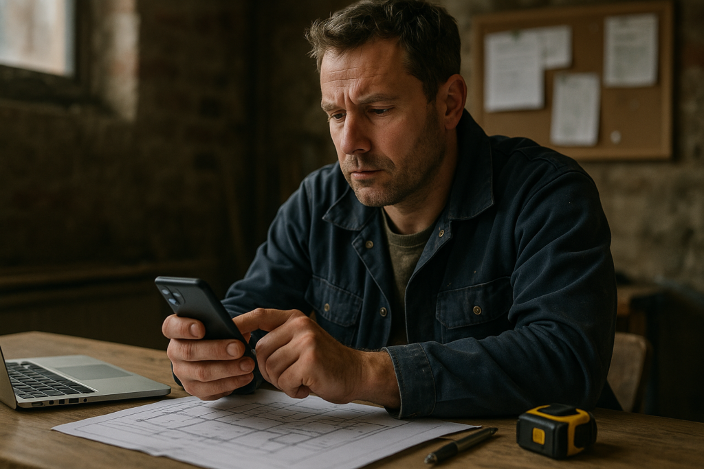 Ultra realistic image for How ConstruX Simplifies Project Management for UK Tradesmen. Focus: intimate interior detail shot with shallow depth of field, ultra realistic