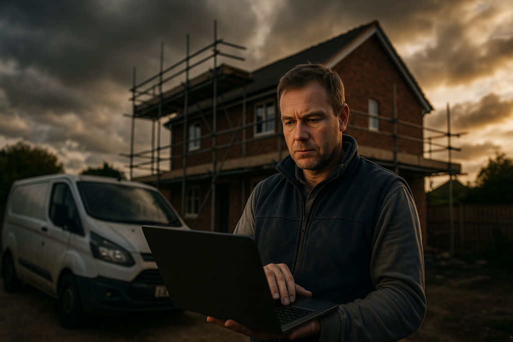 Ultra realistic image for How ConstruX Transforms Project Management for UK Trades Businesses. Focus: wide cinematic exterior view with dramatic lighting, ultra realistic