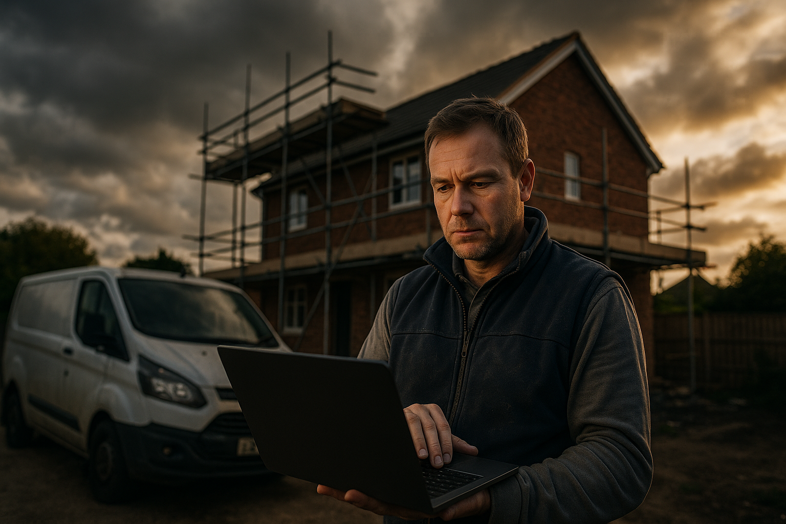 Ultra realistic image for How ConstruX Transforms Project Management for UK Trades Businesses. Focus: wide cinematic exterior view with dramatic lighting, ultra realistic