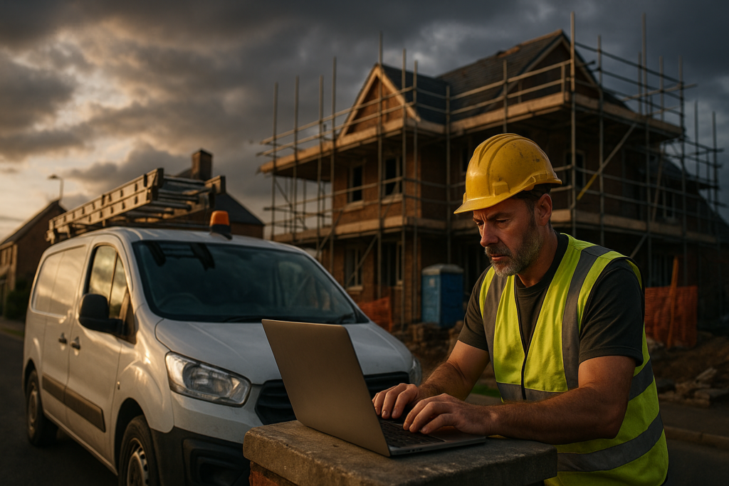 Ultra realistic image for How ConstruX Transforms Project Management for UK Tradesmen. Focus: wide cinematic exterior view with dramatic lighting, ultra realistic
