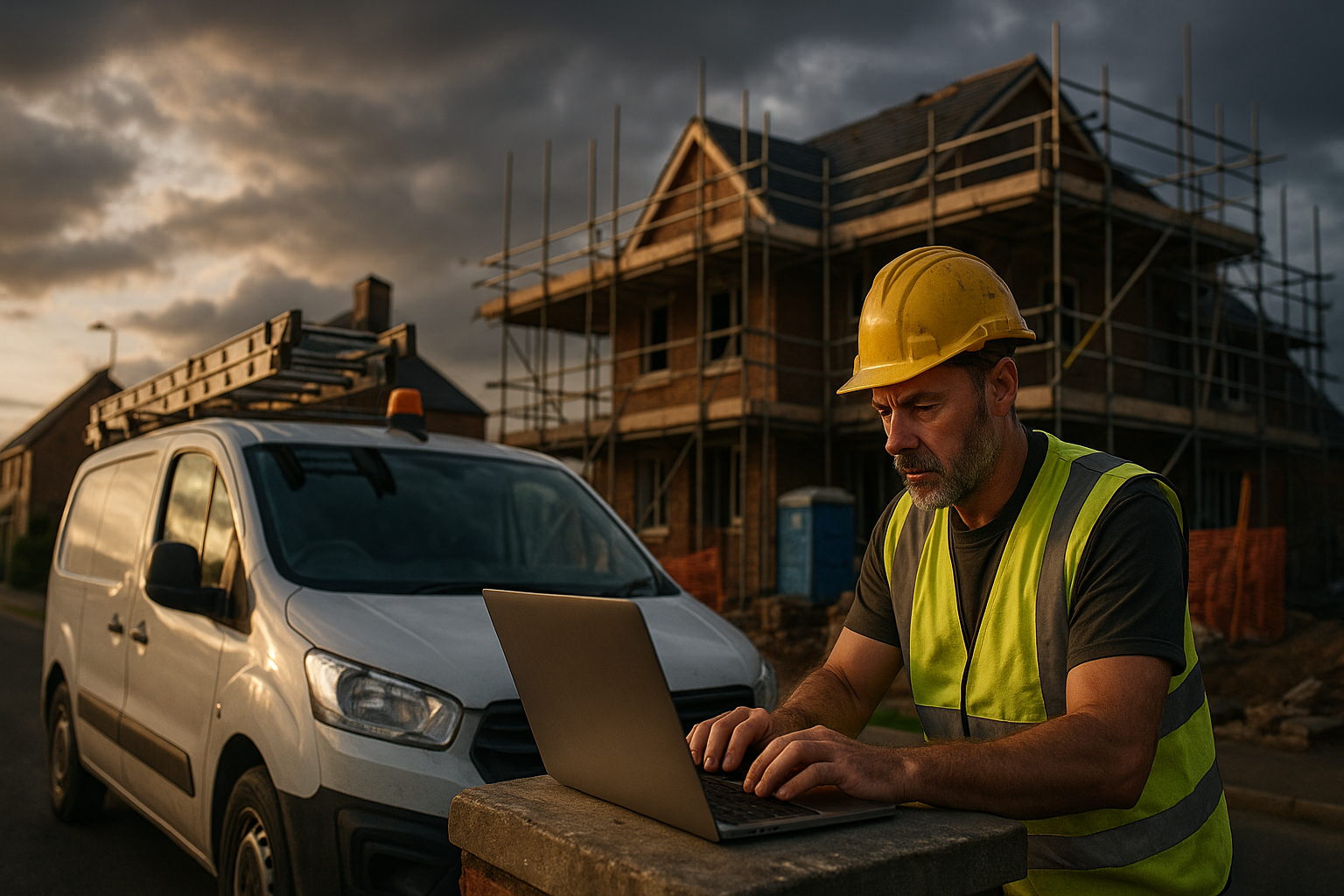 Ultra realistic image for How ConstruX Transforms Project Management for UK Tradesmen. Focus: wide cinematic exterior view with dramatic lighting, ultra realistic
