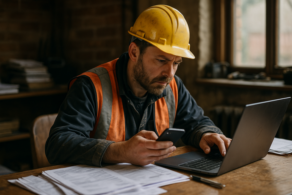 Ultra realistic image for How ConstruX Transforms Project Management for UK Tradesmen. Focus: intimate interior detail shot with shallow depth of field, ultra realistic
