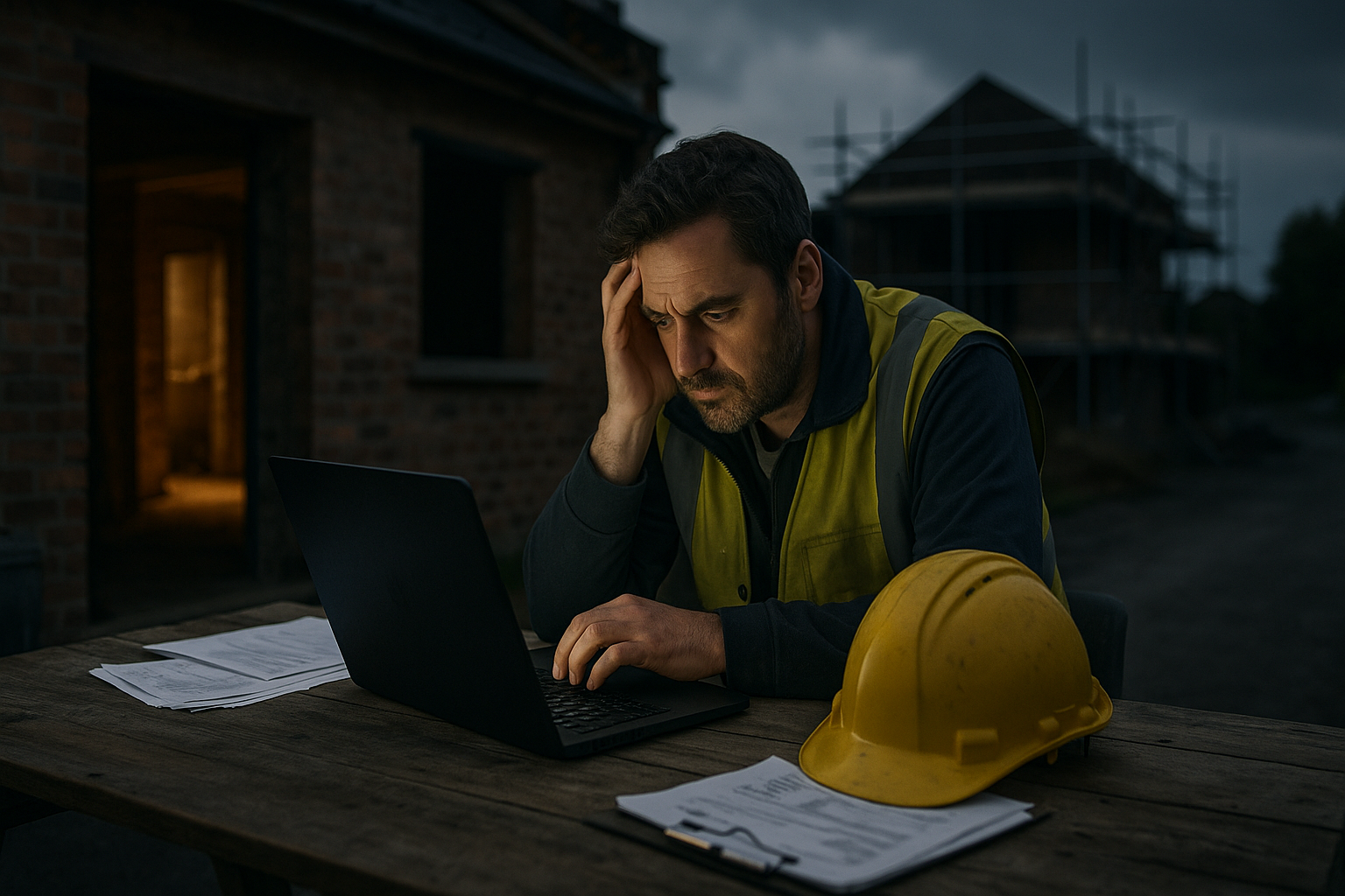 Ultra realistic image for How UK Tradesmen Can Cut Admin Time and Boost Profits with ConstruX Project Management. Focus: wide cinematic exterior view with dramatic lighting, ultra realistic