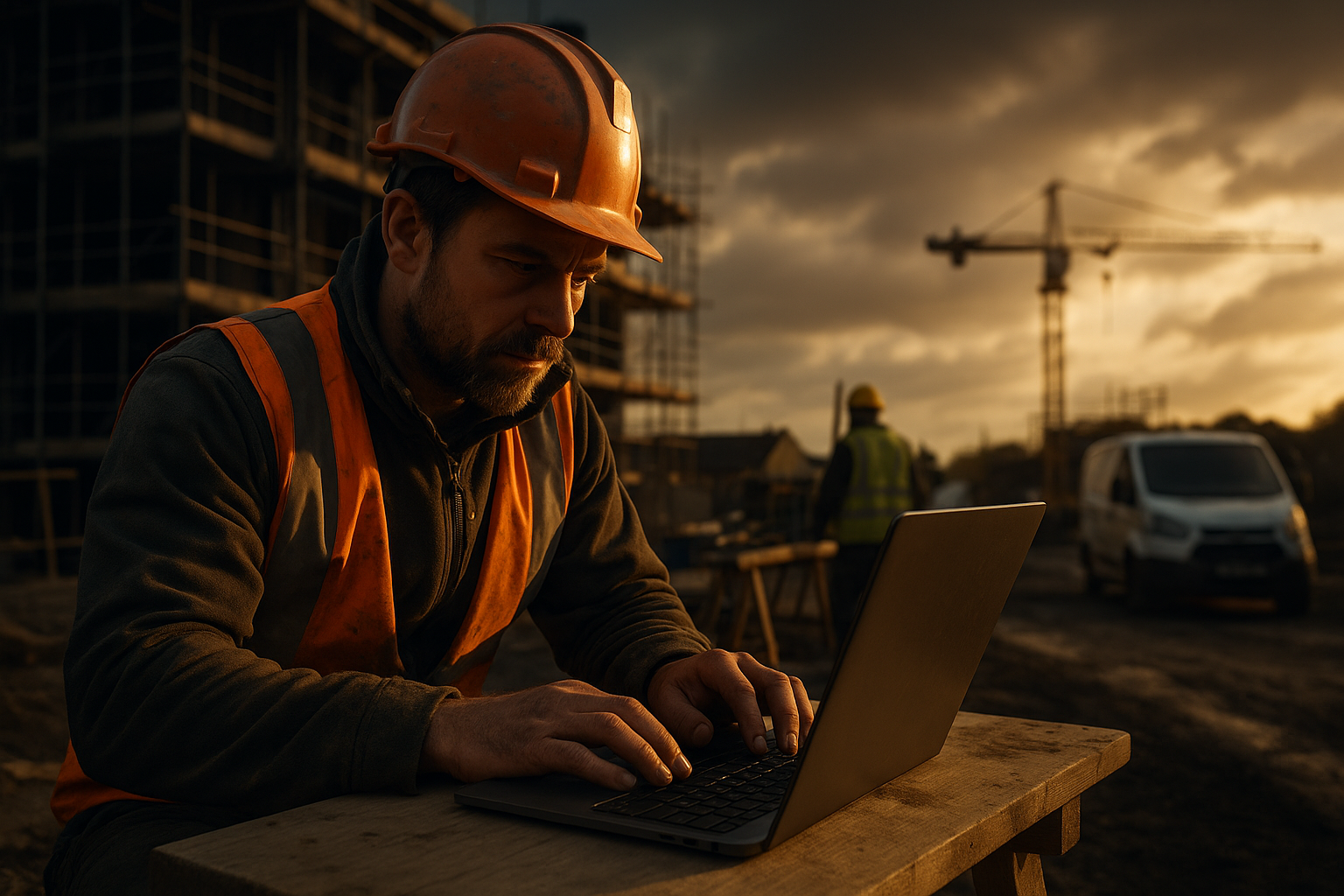 Ultra realistic image for How UK Tradesmen Can Cut Admin Time and Get Paid Faster with ConstruX Project Management. Focus: wide cinematic exterior view with dramatic lighting, ultra realistic