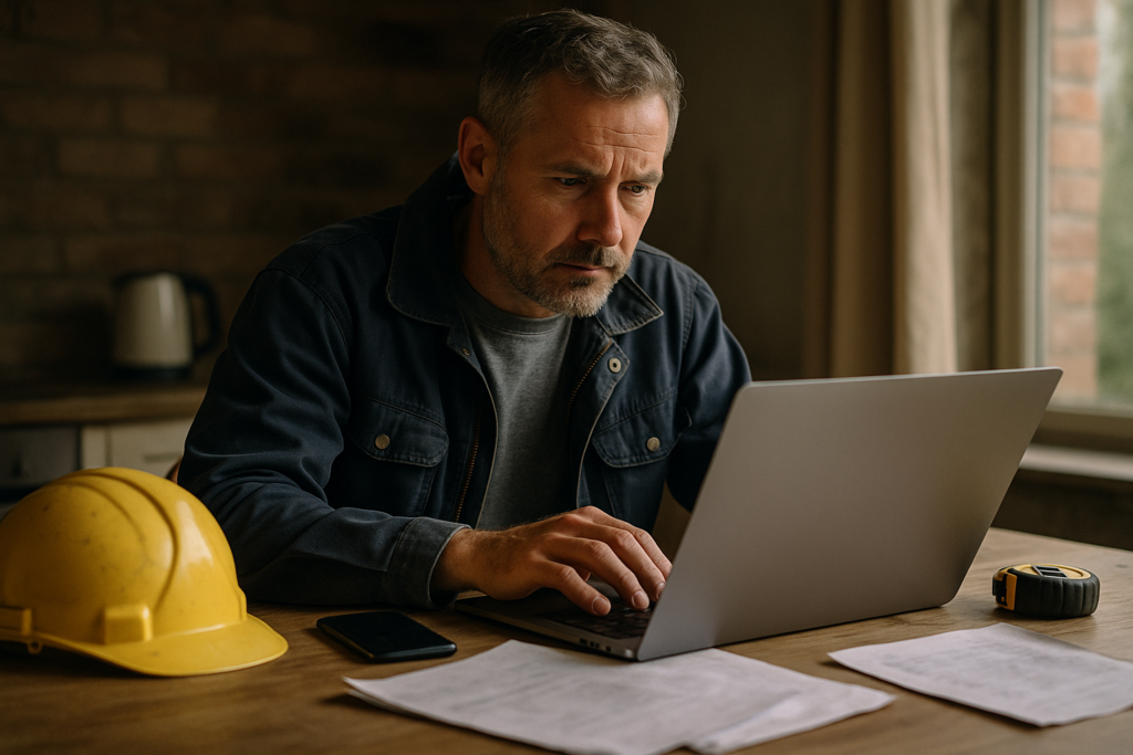 Ultra realistic image for How UK Tradesmen Can Cut Admin Time and Get Paid Faster with ConstruX Project Management. Focus: intimate interior detail shot with shallow depth of field, ultra realistic