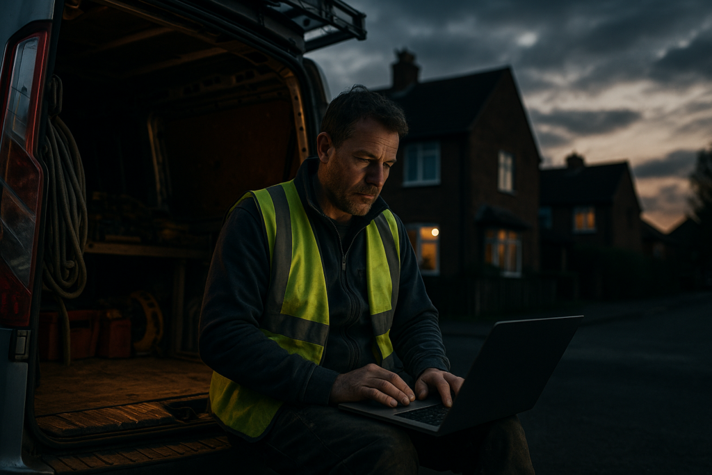 Ultra realistic image for How UK Tradesmen Can Save Time and Get Paid Faster with ConstruX Project Management Plugins. Focus: wide cinematic exterior view with dramatic lighting, ultra realistic