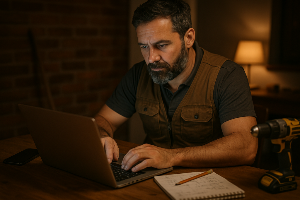 Ultra realistic image for How UK Tradesmen Can Save Time and Get Paid Faster with ConstruX Project Management Plugins. Focus: intimate interior detail shot with shallow depth of field, ultra realistic