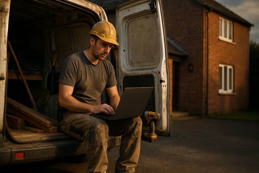 Ultra realistic image for How UK Tradesmen Can Save Time and Get Paid Faster with ConstruX Project Management Software. Focus: wide cinematic exterior view with dramatic lighting, ultra realistic