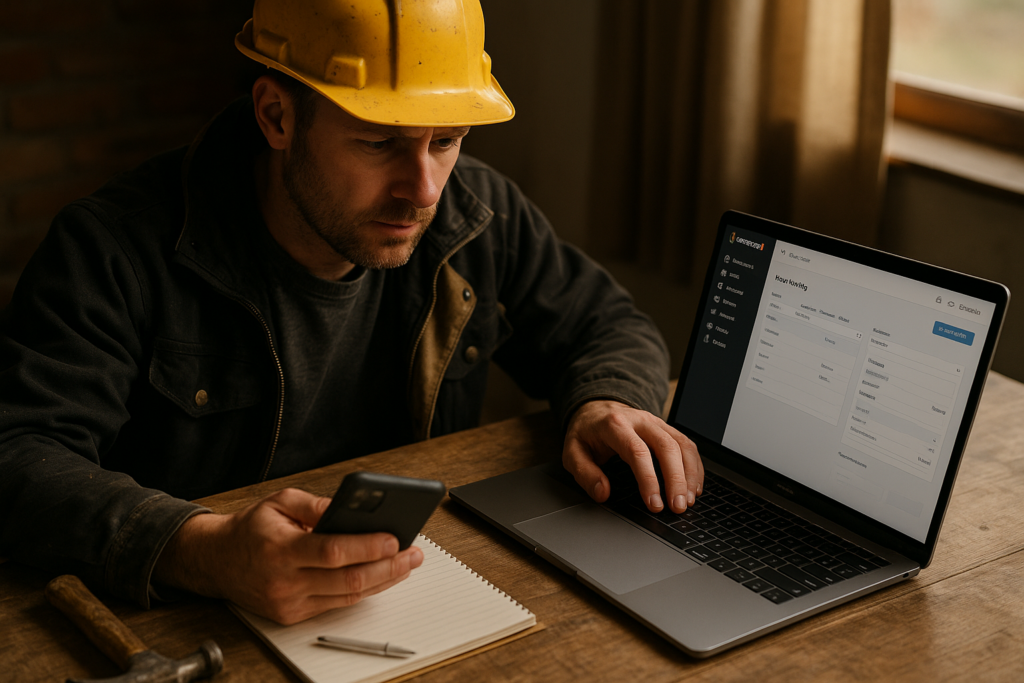 Ultra realistic image for How UK Tradesmen Can Save Time and Get Paid Faster with ConstruX Project Management Software. Focus: intimate interior detail shot with shallow depth of field, ultra realistic