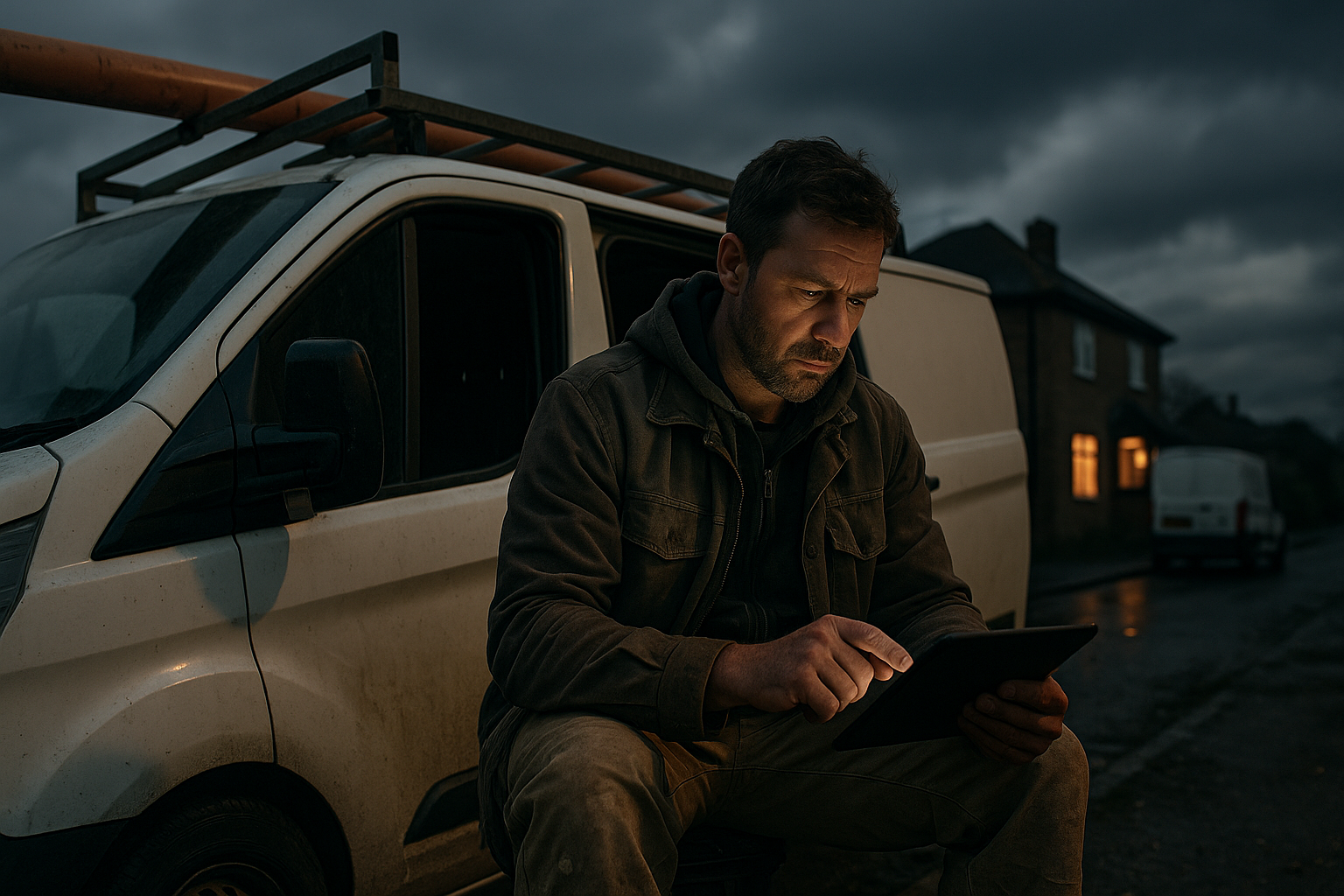 Ultra realistic image for How UK Tradesmen Can Slash Admin Time and Boost Cash Flow with ConstruX Project Management. Focus: wide cinematic exterior view with dramatic lighting, ultra realistic