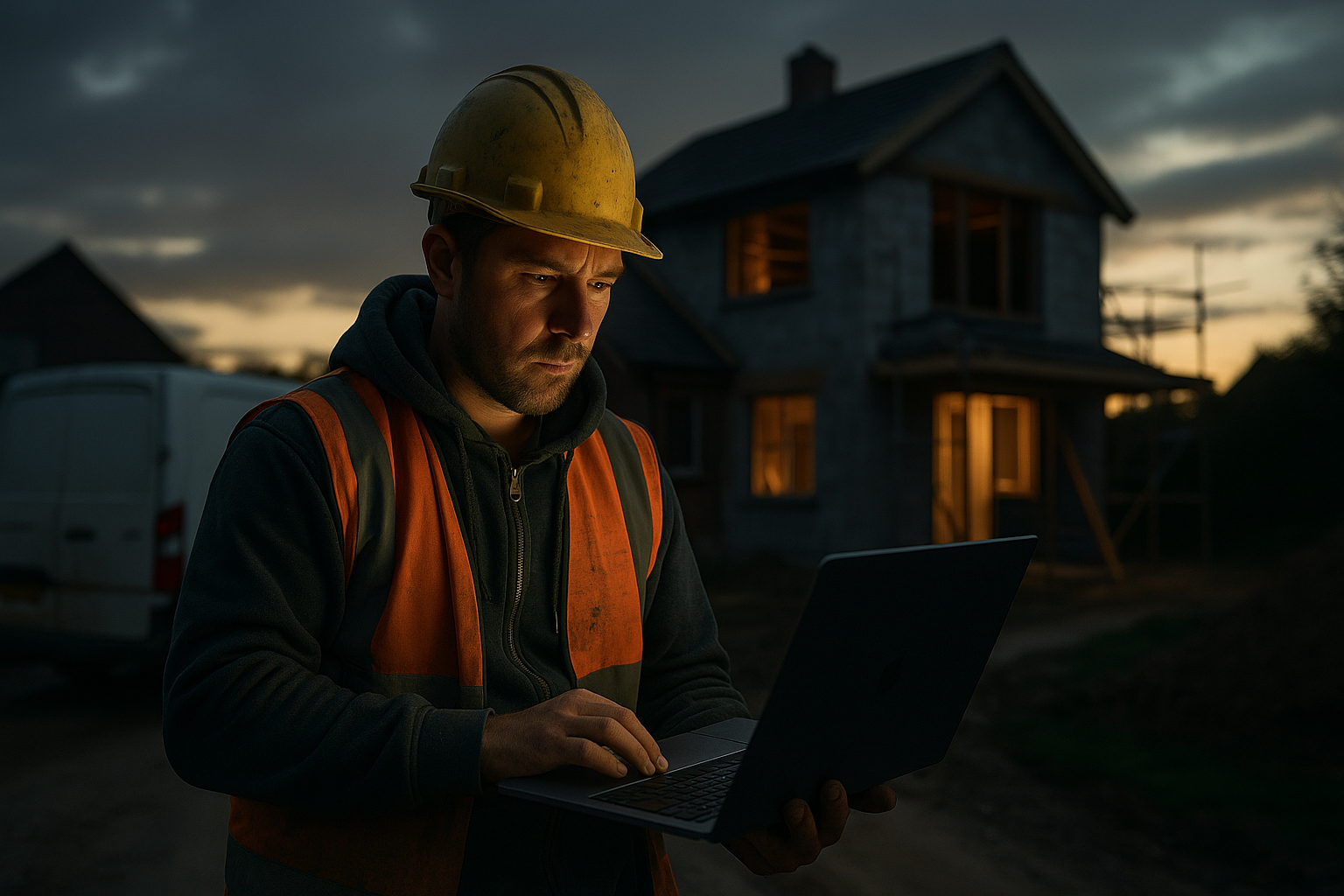 Ultra realistic image for How WordPress-Based Project Management Software Can Transform Your Trade Business. Focus: wide cinematic exterior view with dramatic lighting, ultra realistic