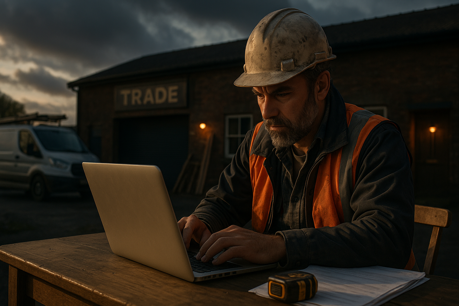 Ultra realistic image for How WordPress Project Management Plugins Can Transform Your Trade Business. Focus: wide cinematic exterior view with dramatic lighting, ultra realistic