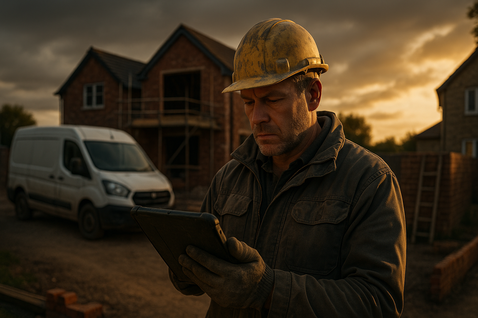 Ultra realistic image for Why ConstruX is the Right WordPress Project Management Solution for UK Tradesmen. Focus: wide cinematic exterior view with dramatic lighting, ultra realistic