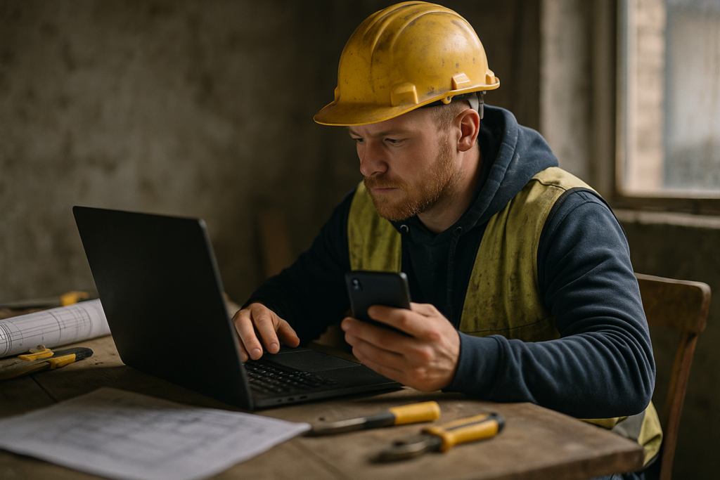 Ultra realistic image for Why ConstruX is the Right WordPress Project Management Solution for UK Tradesmen. Focus: intimate interior detail shot with shallow depth of field, ultra realistic