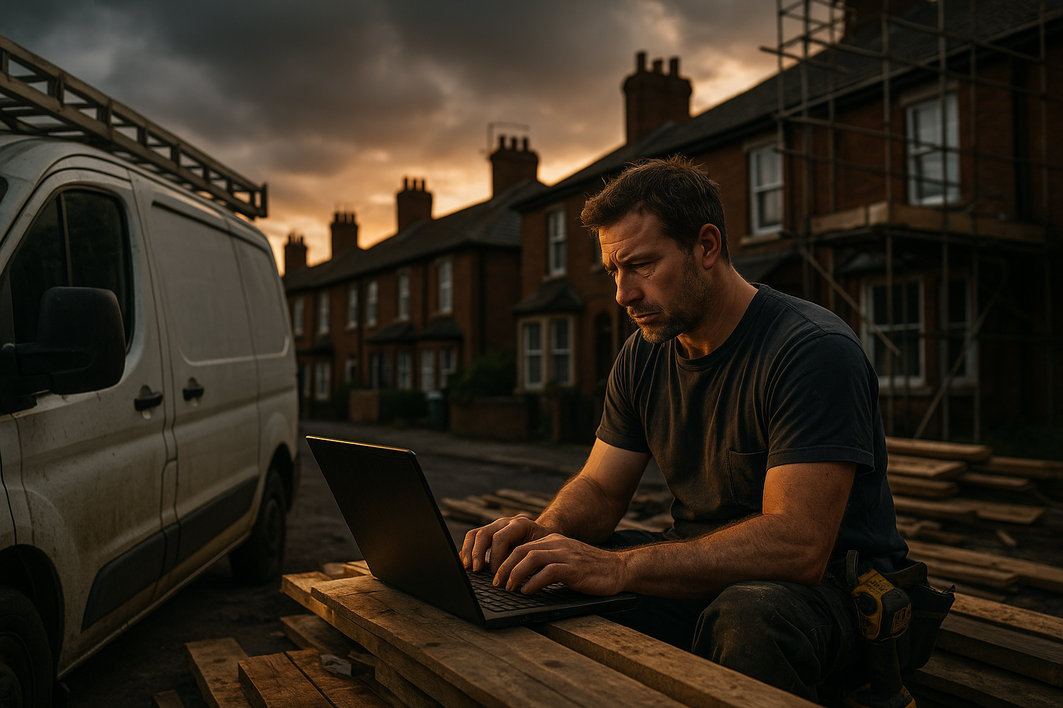 Ultra realistic image for Why Trades Businesses in the UK Need Tailored Project Management Software. Focus: wide cinematic exterior view with dramatic lighting, ultra realistic