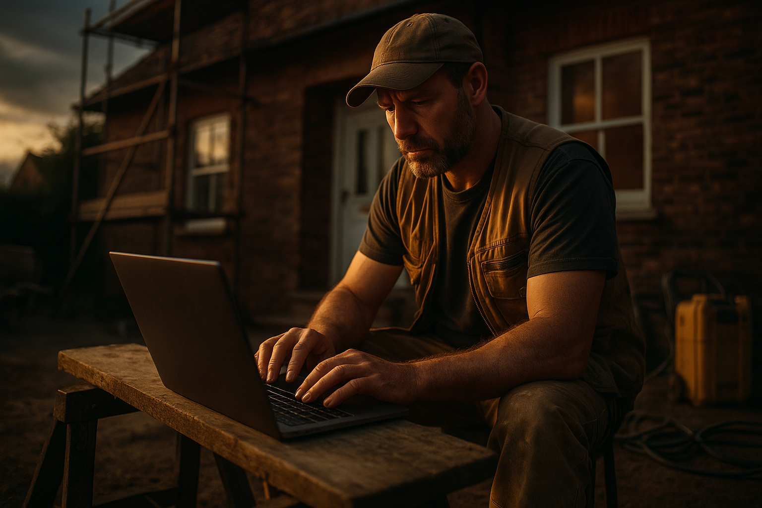 Ultra realistic image for Why Tradesmen Need Project Management Software Built Just for Them. Focus: wide cinematic exterior view with dramatic lighting, ultra realistic